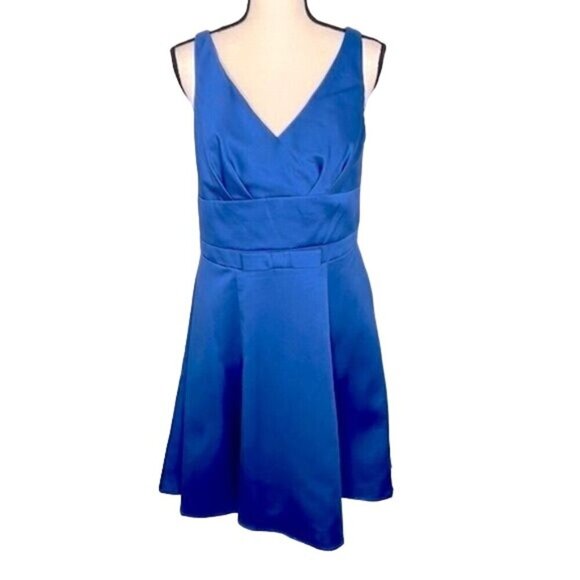 Alfred Angelo Blue Satin Dress Formal Indigo Bow Waist V Neck Sleeveless Size 12 - Picture 1 of 6
